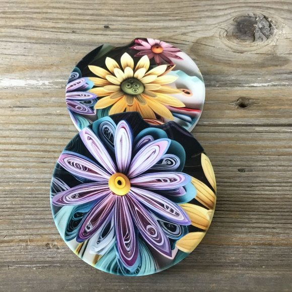 Pastel Paper Wildflowers Car Coasters Set of 2 - Picture 1 of 9